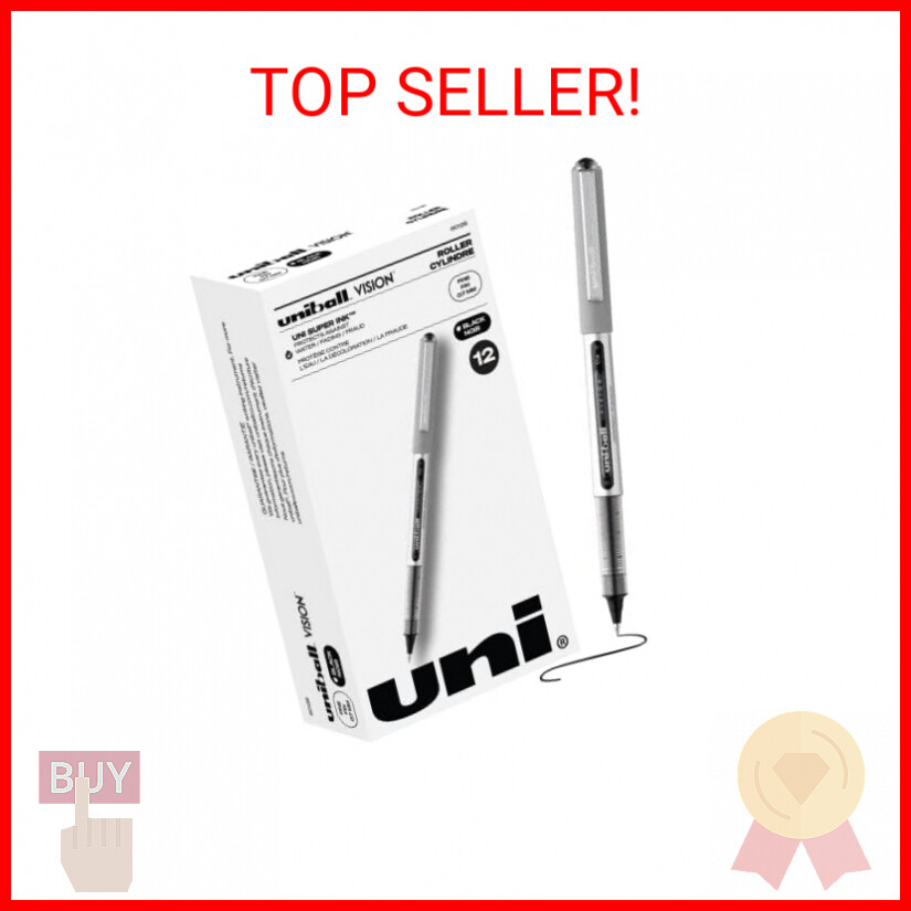 Uni-Ball Vision Rollerball Pens, Black Pens Pack of 12 - 0.7mm Fine Point Medium