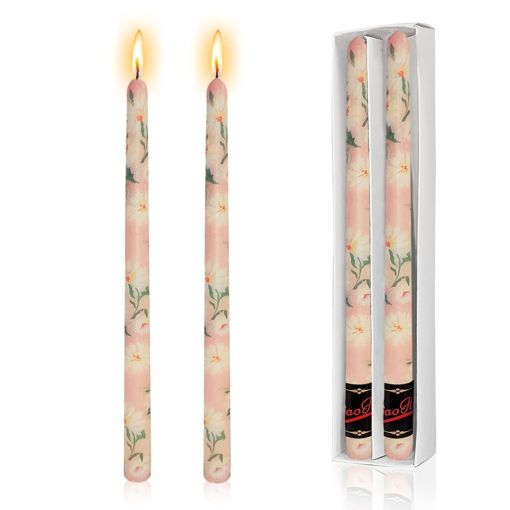 Pink Hand-Printed Njao Hoo 10-In Straight Taper Flower Candlesticks
