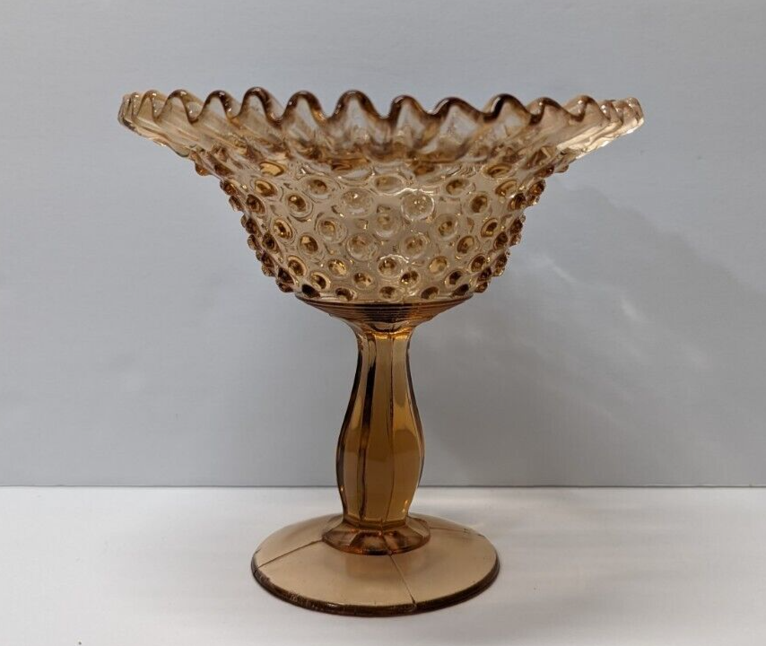 Vintage Amber Hobnail Glass Pedestal Compote Dish 6 Inch Peach