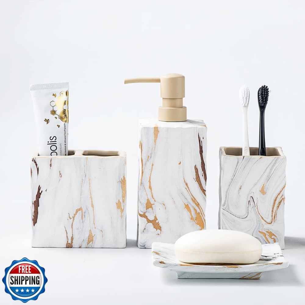 Elegant 4-Piece Marble Look Bathroom Accessory Set with Toothbrush and Soap Holder