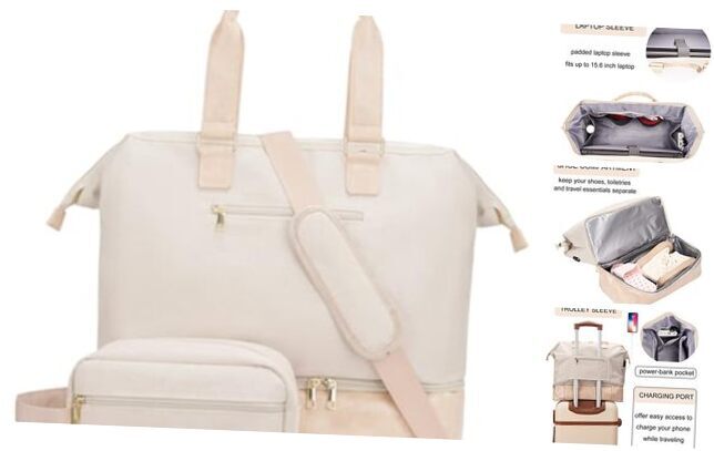 Weekender Bag with Shoe Compartment Travel Tote Personal Item - 17 Inch Beige