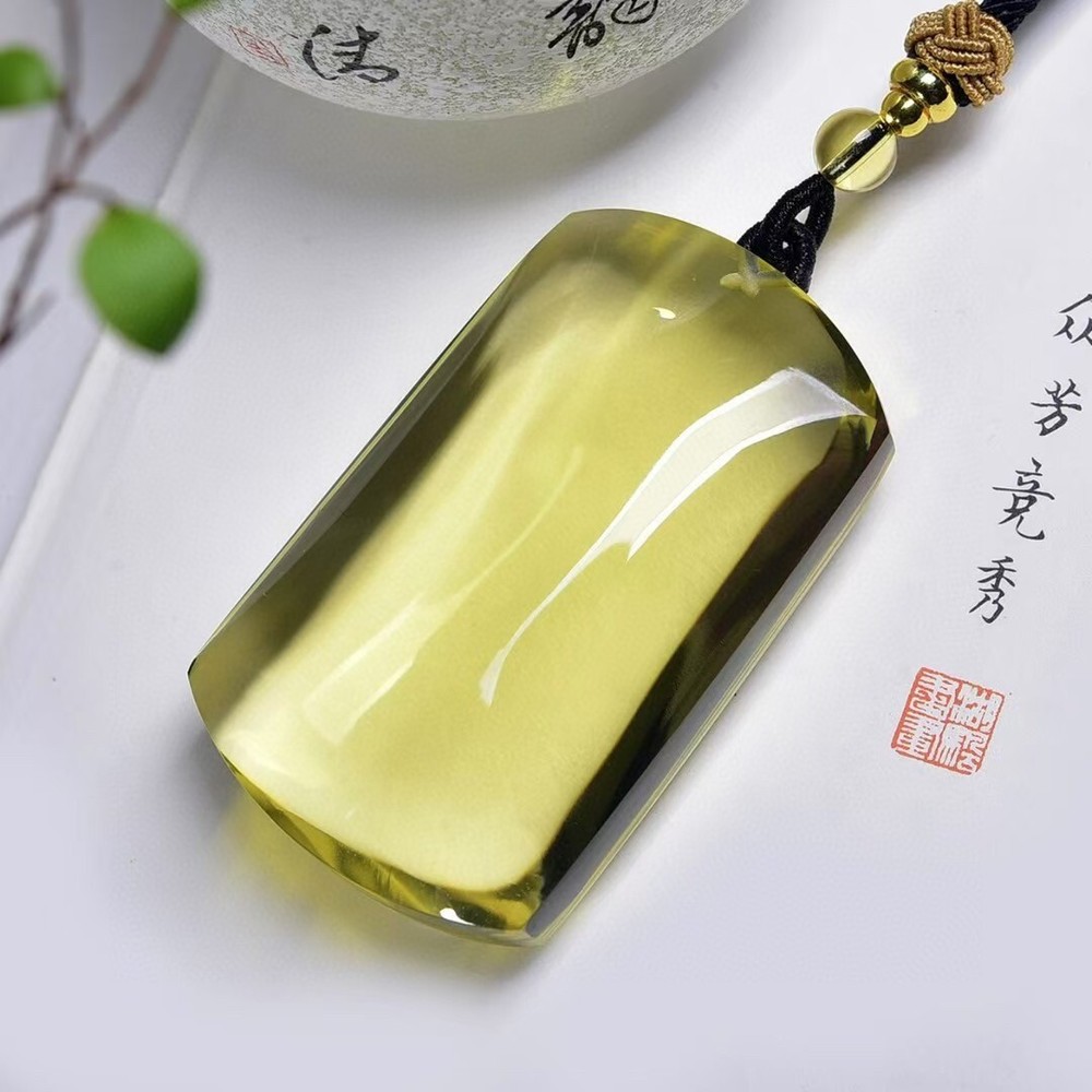 Natural Citrine Quartz Carved Rectangular Healing Crystal Ornament Necklace