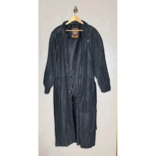Vintage Black Genuine Leather Long Trench Coat Belted L