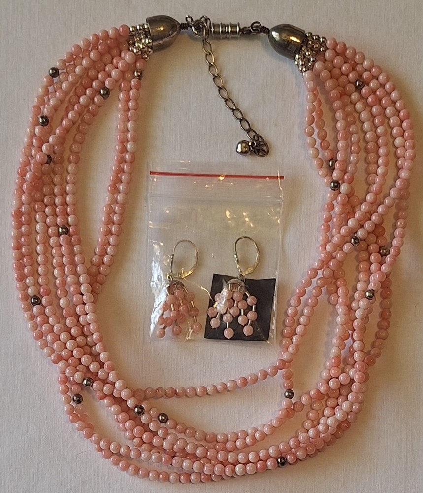Vintage Jay King DTR 925 Set Angel Skin Coral Bead 8 Strand Necklace W/ Earrings