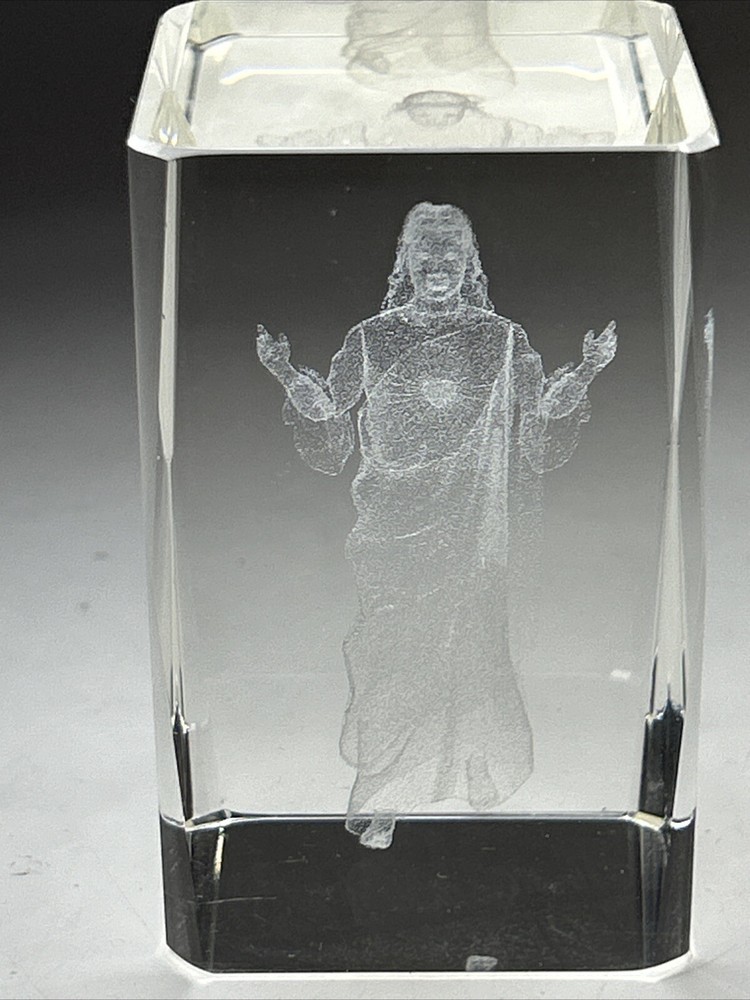 Crystal Art Glass 3D Laser Etched JESUS Cube Paperweight 3