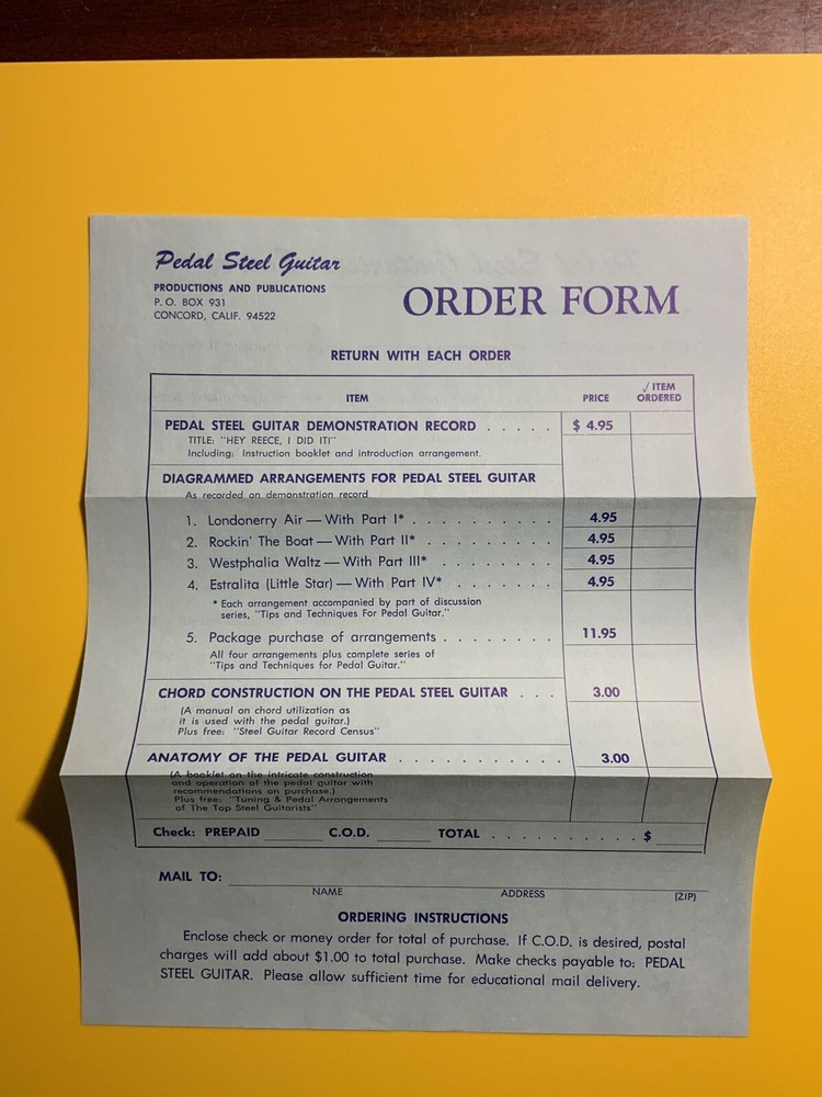 Pedal Steel Guitar Productions & Publications Order Form Survey Concord CA