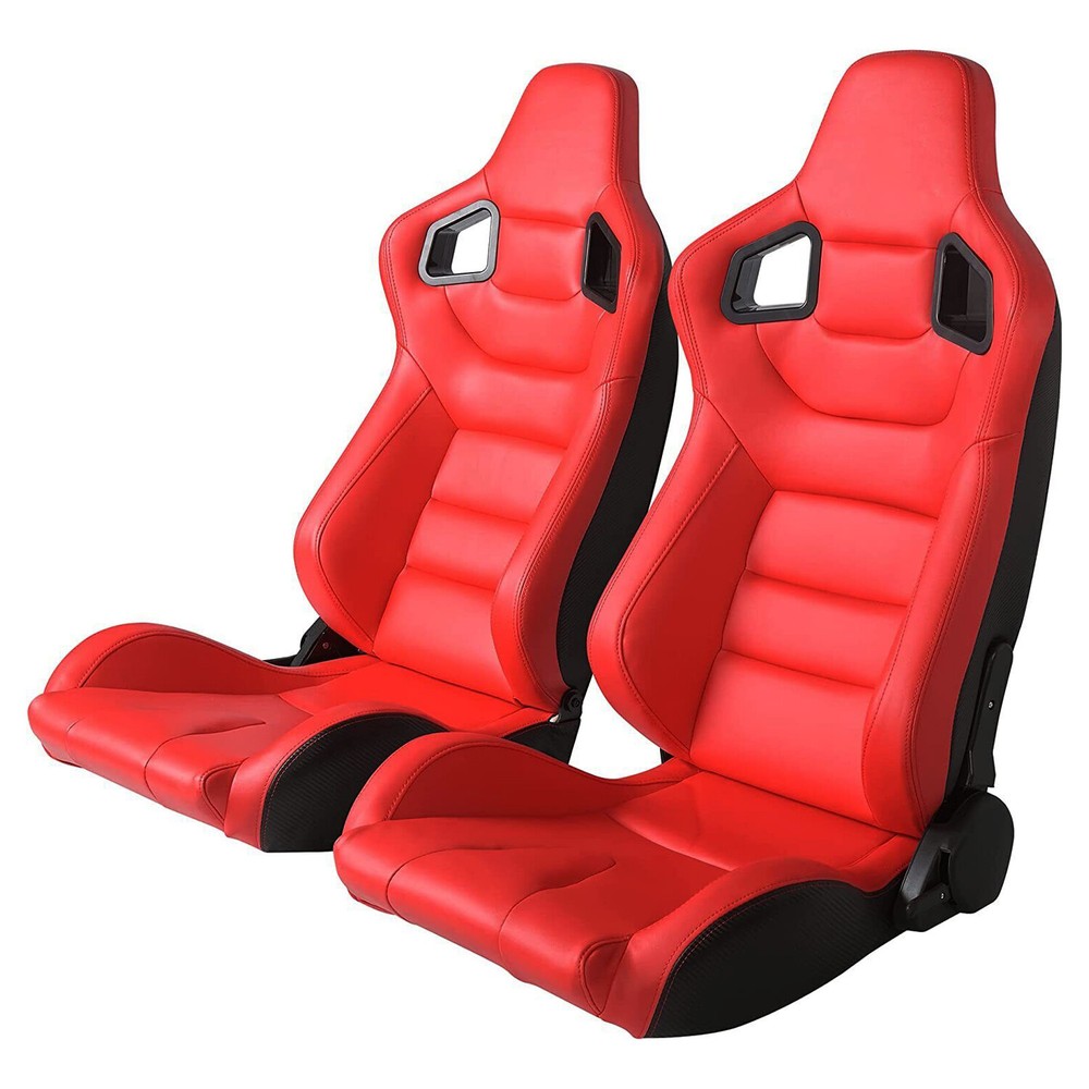 2PCS Racing Seats Sport Bucket PU Leather Reclinable Seats W/2 Sliders Red