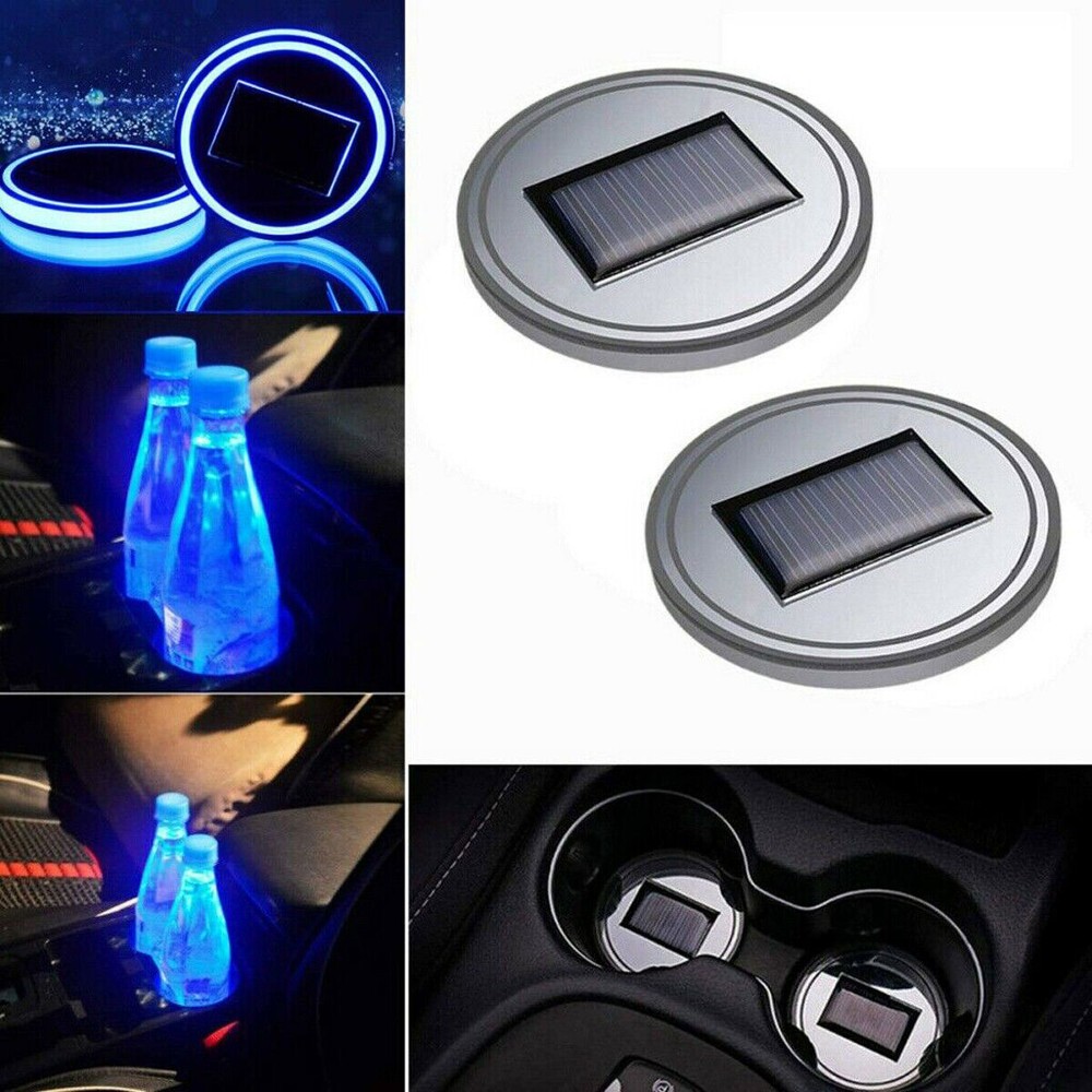 2X Solar Blue LED Light Cup Pad Insert Coaster Mat Auto Car Interior Accessories