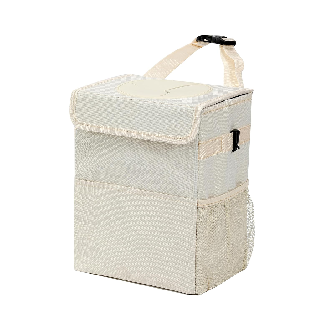 Leak-Proof Car Garbage Can with Lid and 3 Storage Pockets for Vehicle Organization