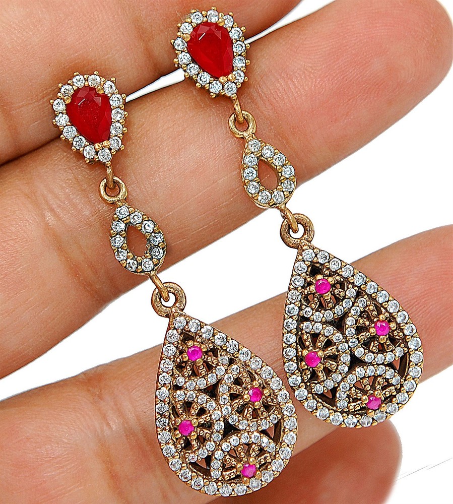 Sterling Silver Ottoman Empire Style 4CT Treated Ruby Dangle Earrings AB3536