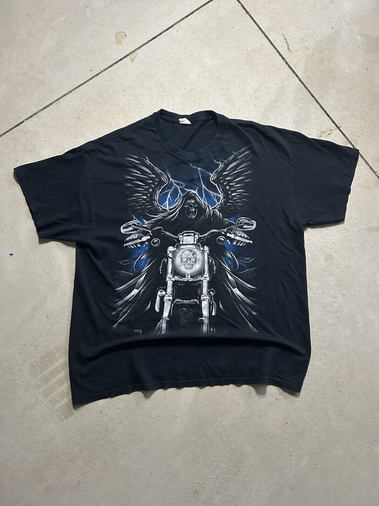 Vintage Grim Reaper Motorcycle Biker Skull L  T Shirt Skeleton Goth Grunge 90s