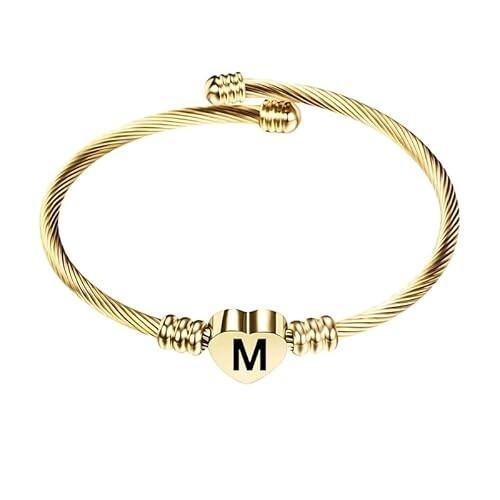 Stainless Steel Heart Word-M Bracelet Engraved Charm Bracelet for Women Golden