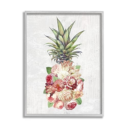 Abstract Floral Pineapple Arrangement Pink Blooming Flowers Grey Framed Wall ...