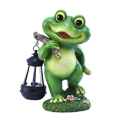 Frog Garden Decoration with Solar Lantern, Resin Solar Frog Statue Outdoor