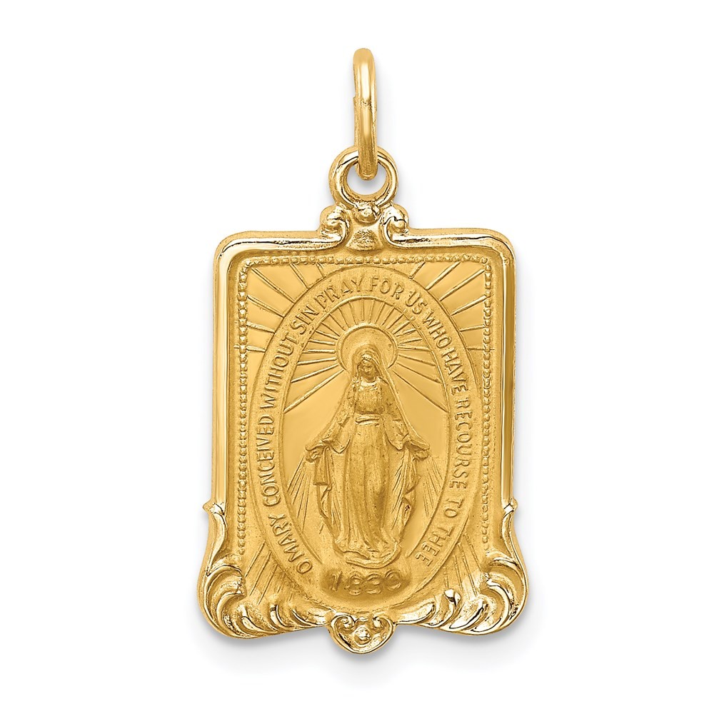 14K Yellow Gold Polished and Satin Solid Miraculous Medal Rectangular Pendant