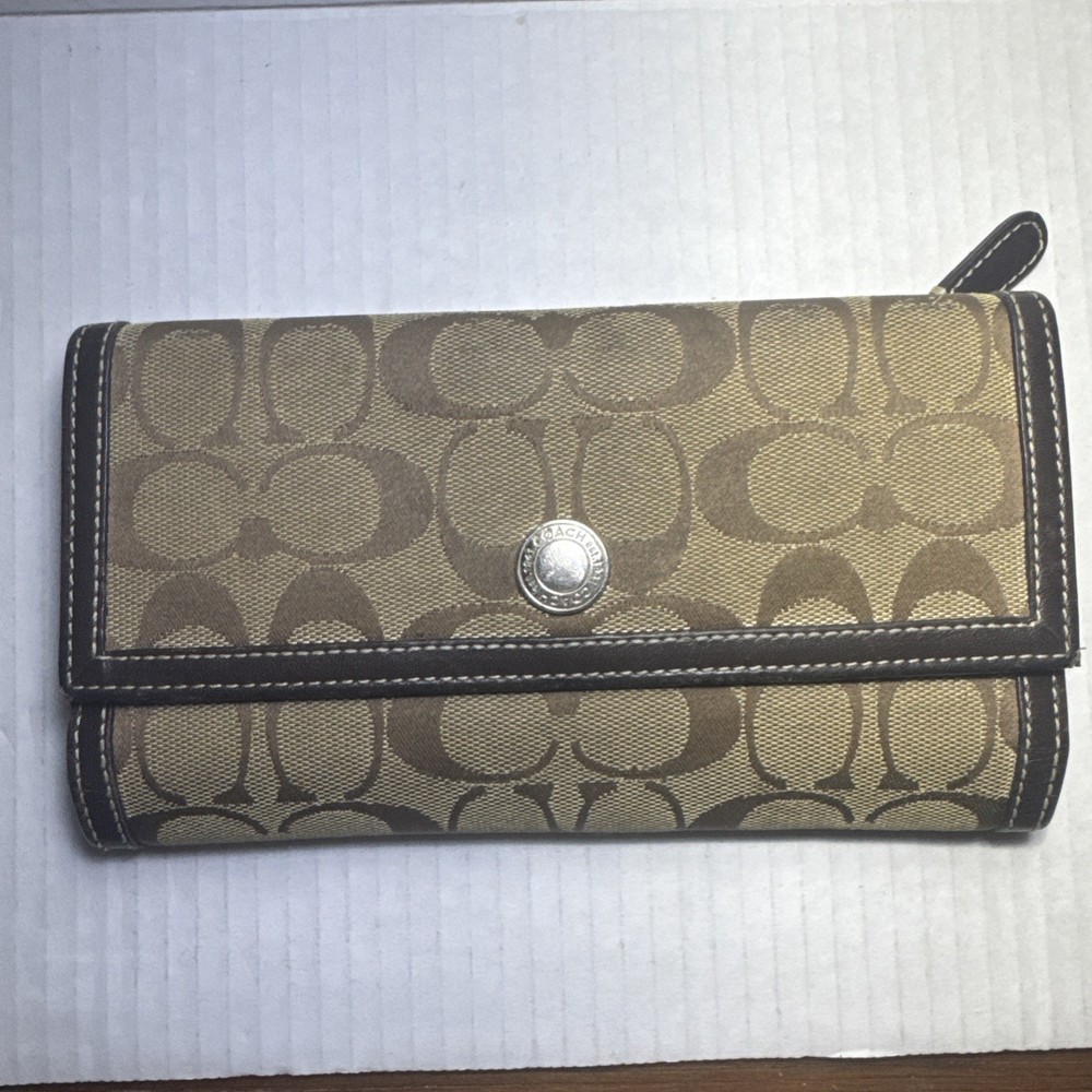 Vintage Coach Signature Trifold Wallet Tan Brown Canvas And Leather Logo