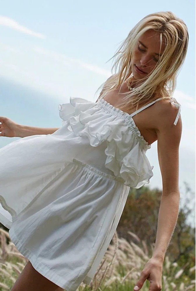 Free People Have a Thing For You White Cotton Strapless Ruffle Mini Dress Sz S