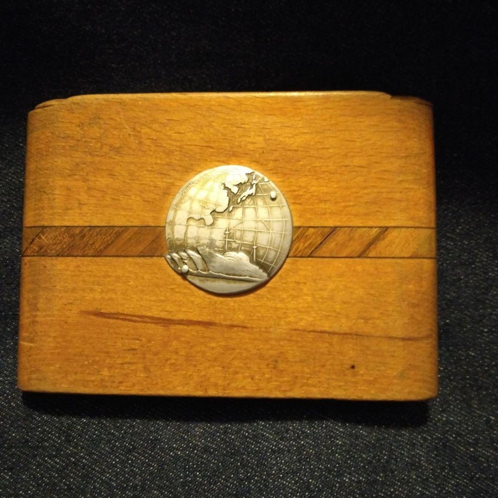 Vintage Pre-War Wooden Cigarette Case with Metal Ship Design