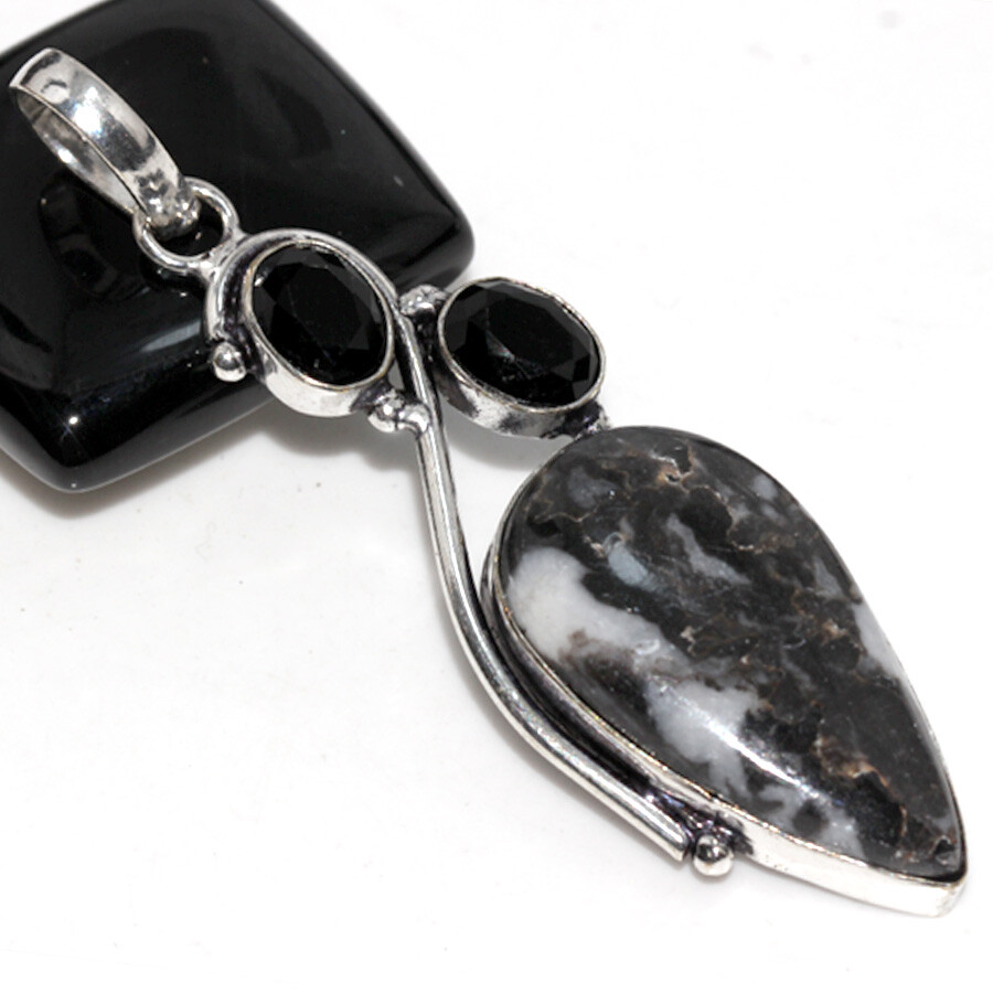 925 Silver Plated White Buffalo Turquoise Black Onyx Long Pendant 2.6 Inches Jewelry