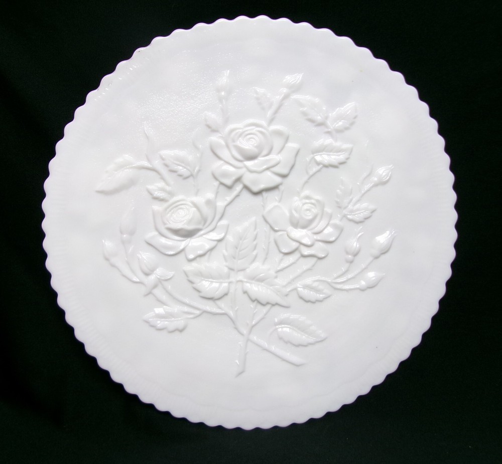 Lg. 12 ½” 3-Rose IMPERIAL Milk Glass MCM Vintage Embossed Cake Serving Platter