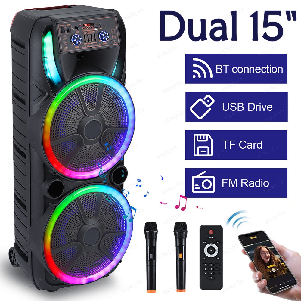 Dual 15'' Portable Bluetooth PA Speaker with Wireless 2 Mics, Karaoke, DJ Lights