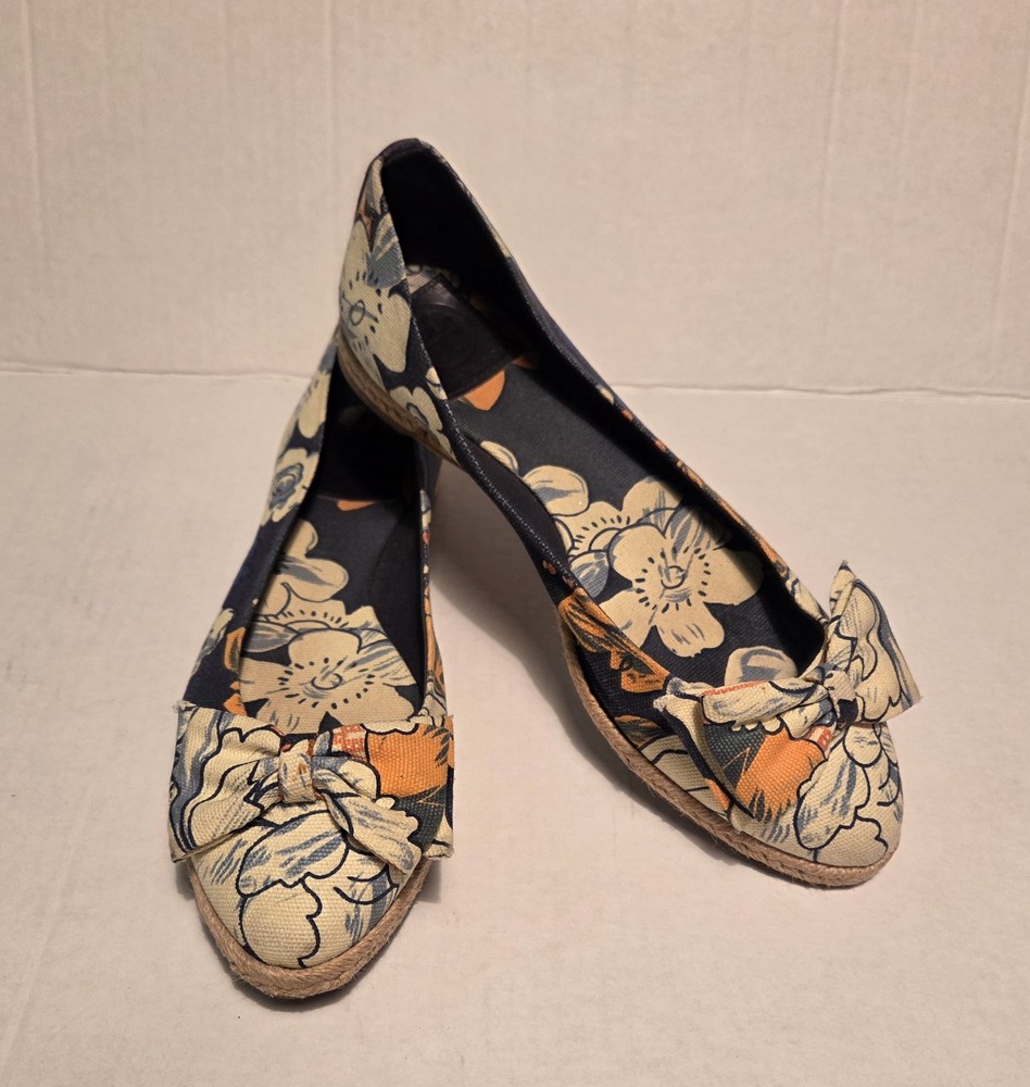 Tory Burch Tasmin Flats Womens 9  Navy Blue Yellow Canvas Floral Bow Espadrilles
