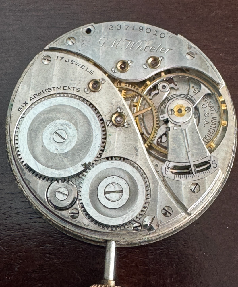 VINTAGE 12 SIZE ELGIN POCKET WATCH MOVEMENT GR. 452  G.M. WHEELER  NOT RUNNING