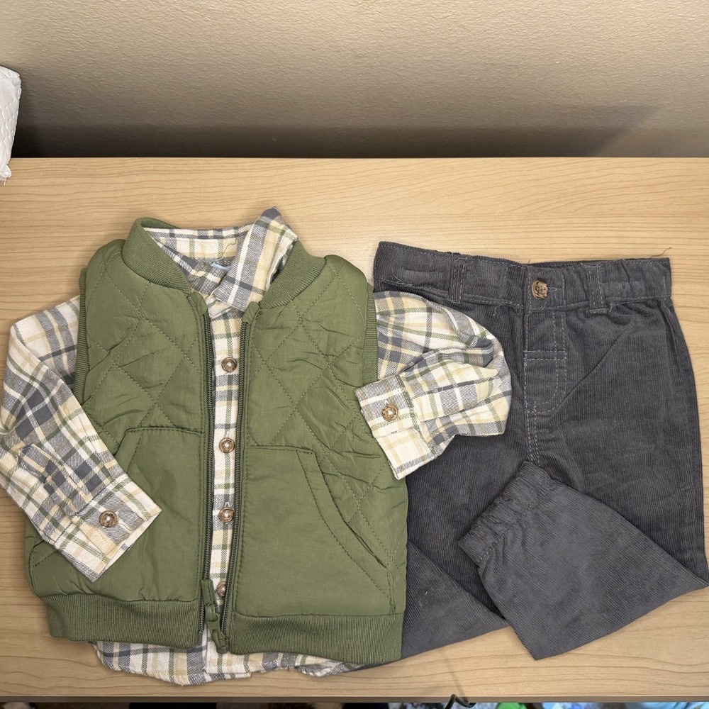 NWOT 3 Piece Little Lad Boys Vest/Shirt/Pants 9-12Mo Green Gray