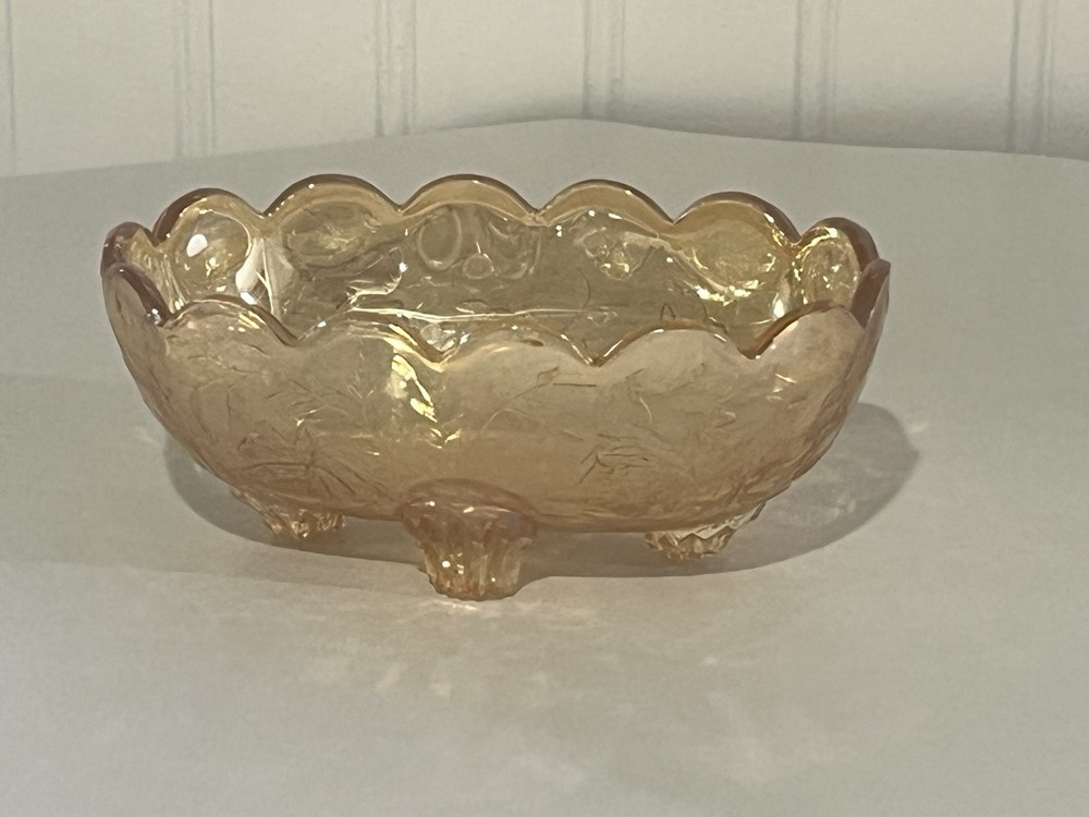 Jeannette Glass Floragold Louisa Pattern Iridescent Footed Candy Dish  