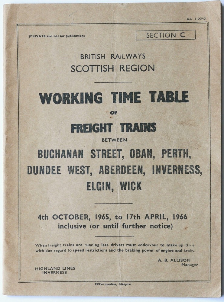 BR(ScR) Section C Working Timetable Freight Trains Buchanan St, Oban, Oct 1965