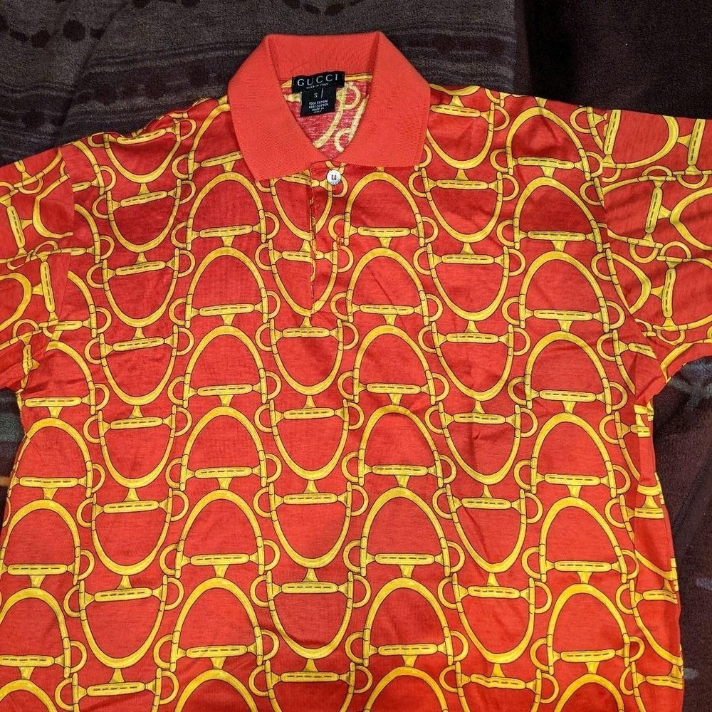 GUCCI Rare Red Yellow Gold Polo Shirt Short Sleeve Size S