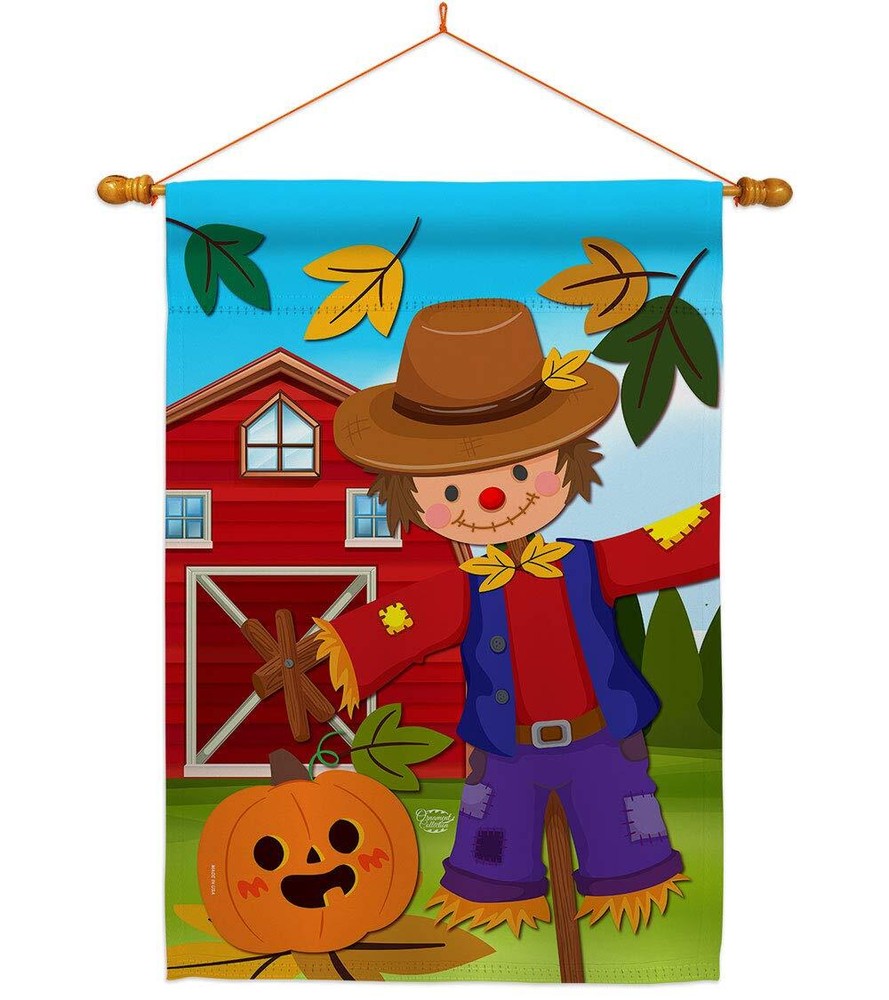 Harvest Scarecrow House Flag - Dowel Set Fall & Autumn Scarecrow Pumkins Sunf...