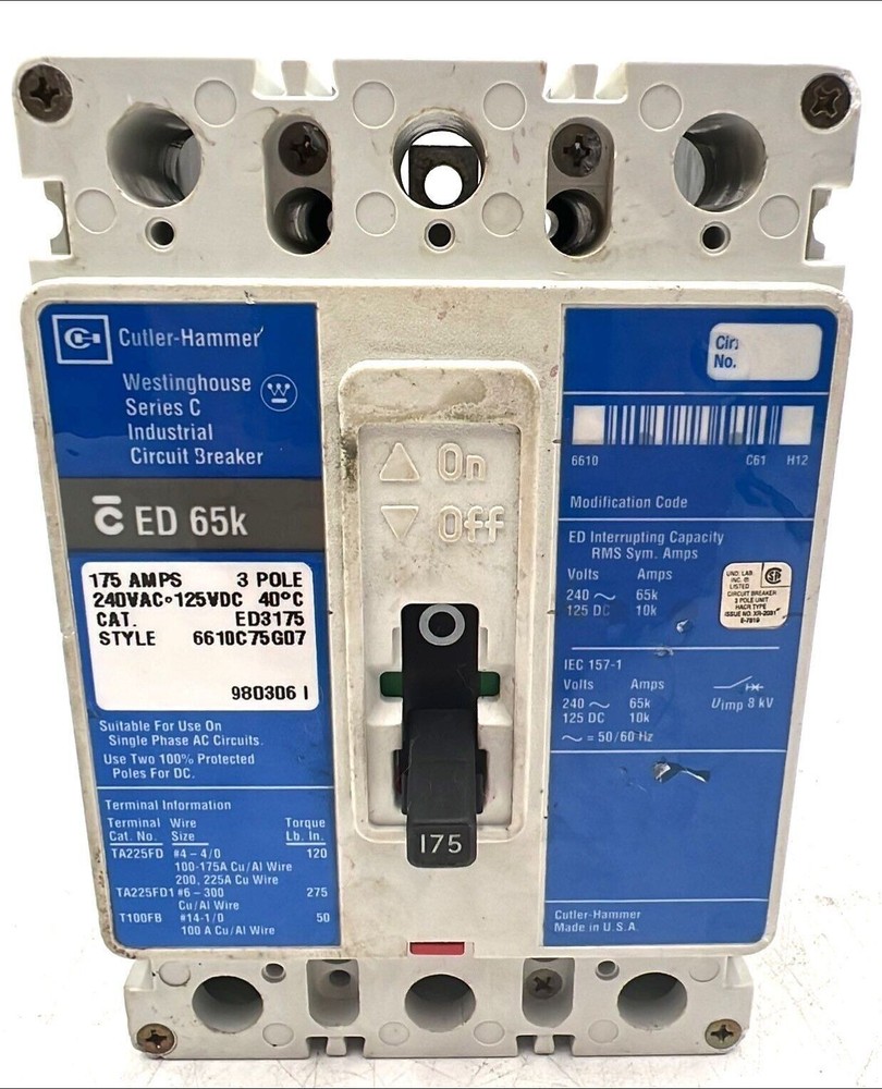 Cutler-Hammer ED3175 Circuit Breaker 175A 3P 240V ED 65k 175 Amp 3 Pole Used