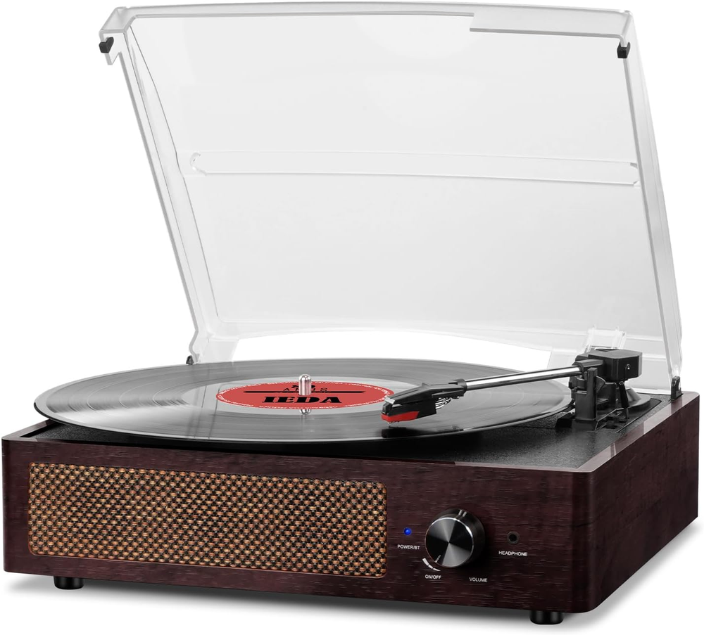 Vintage Brown Bluetooth Record Player with 3-Speed Turntable & Built-in Speakers
