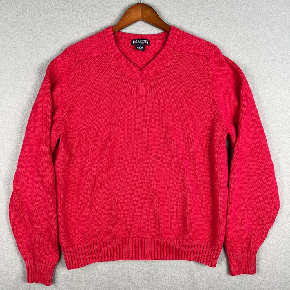 VTG Lands End Knit Cotton Sweater Fits M V Neck Raglan Red 1990s Made in Japan