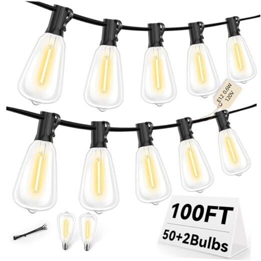 100FT ST38 LED Outdoor String Lights 50 Shatterproof Bulbs 0.6W 2700K Warm White