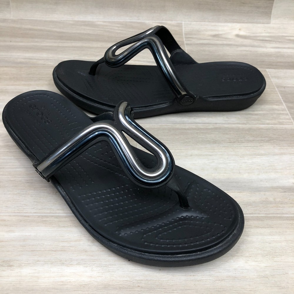 CROCS SANRAH METAL FLAT THONG SANDALS FLIP FLOPS SIZE WOMENS 10 BLACK SUMMER
