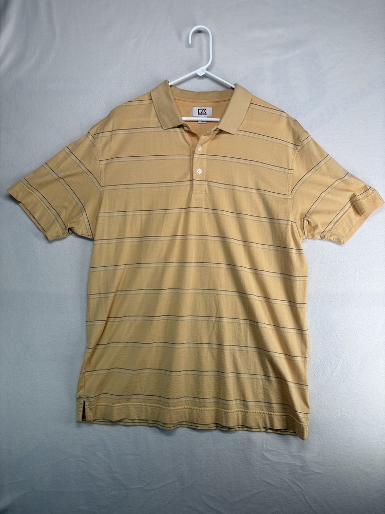 Cutter & Buck Polo Shirt Mens Large Yellow Striped Short Sleeve Classic Cotton