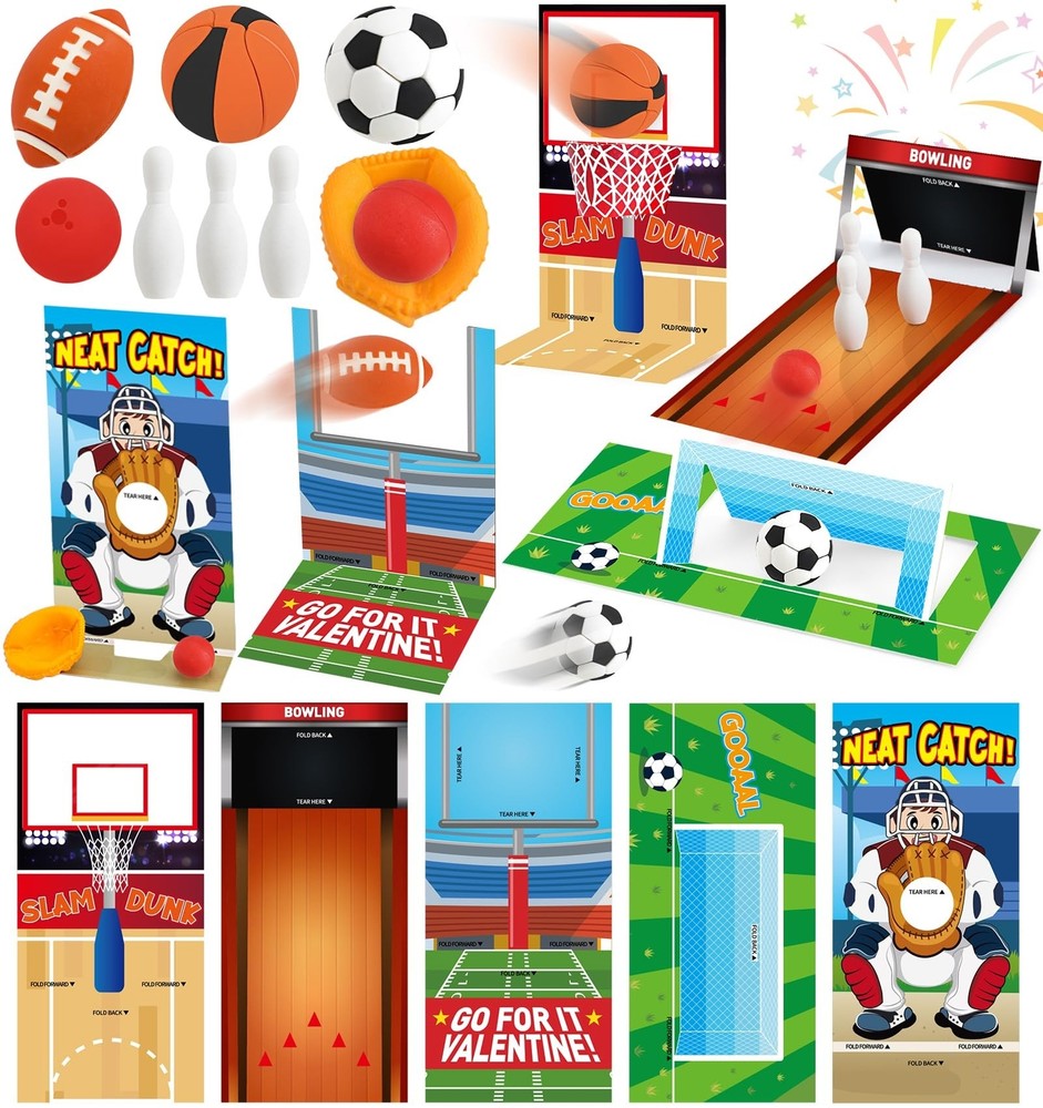 30 Pack Kids Valentine Cards with Mini Sports Ball Erasers for Classroom Exchange