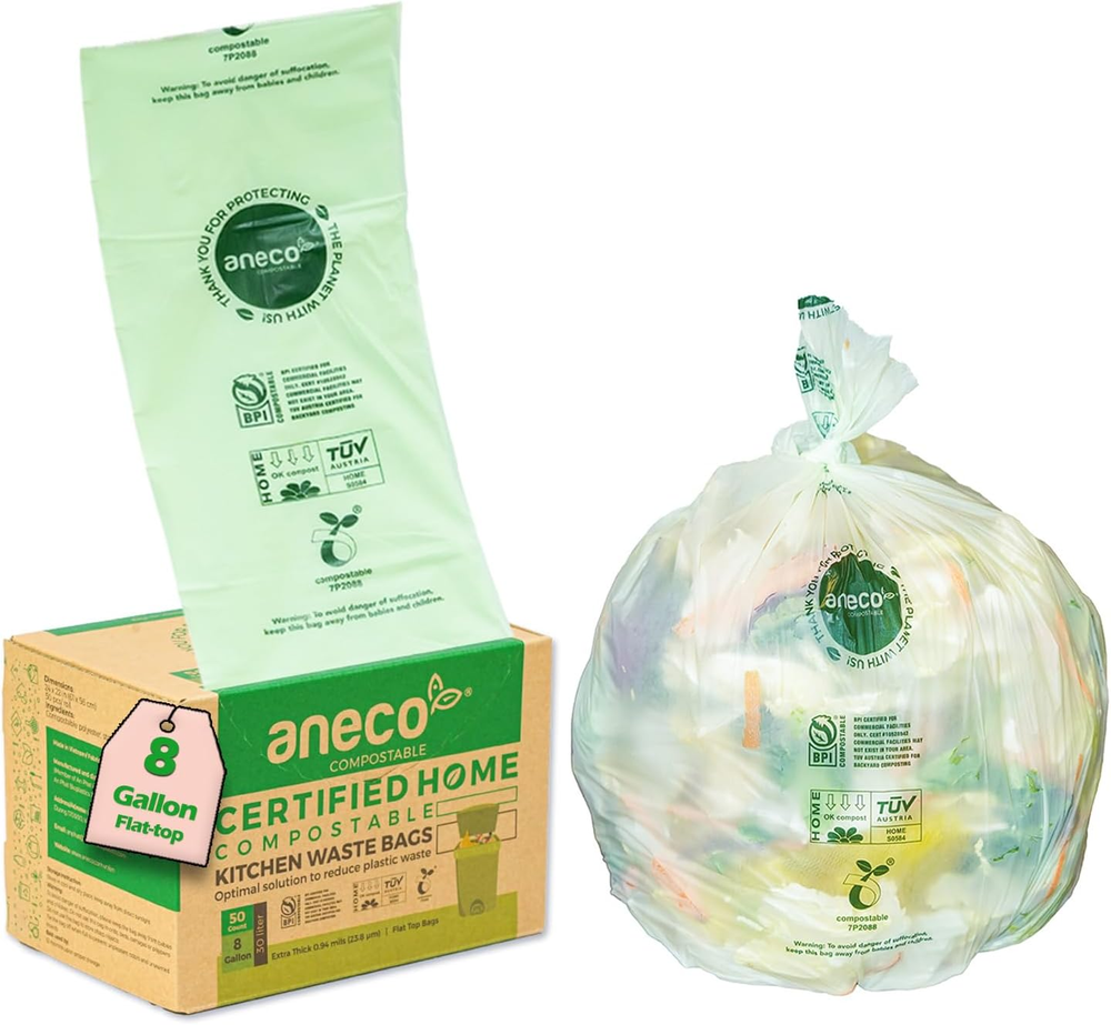Compostable Kitchen Waste Bags 8 Gallon (Flat-Top Bags, 50 Count), Strong & Leak