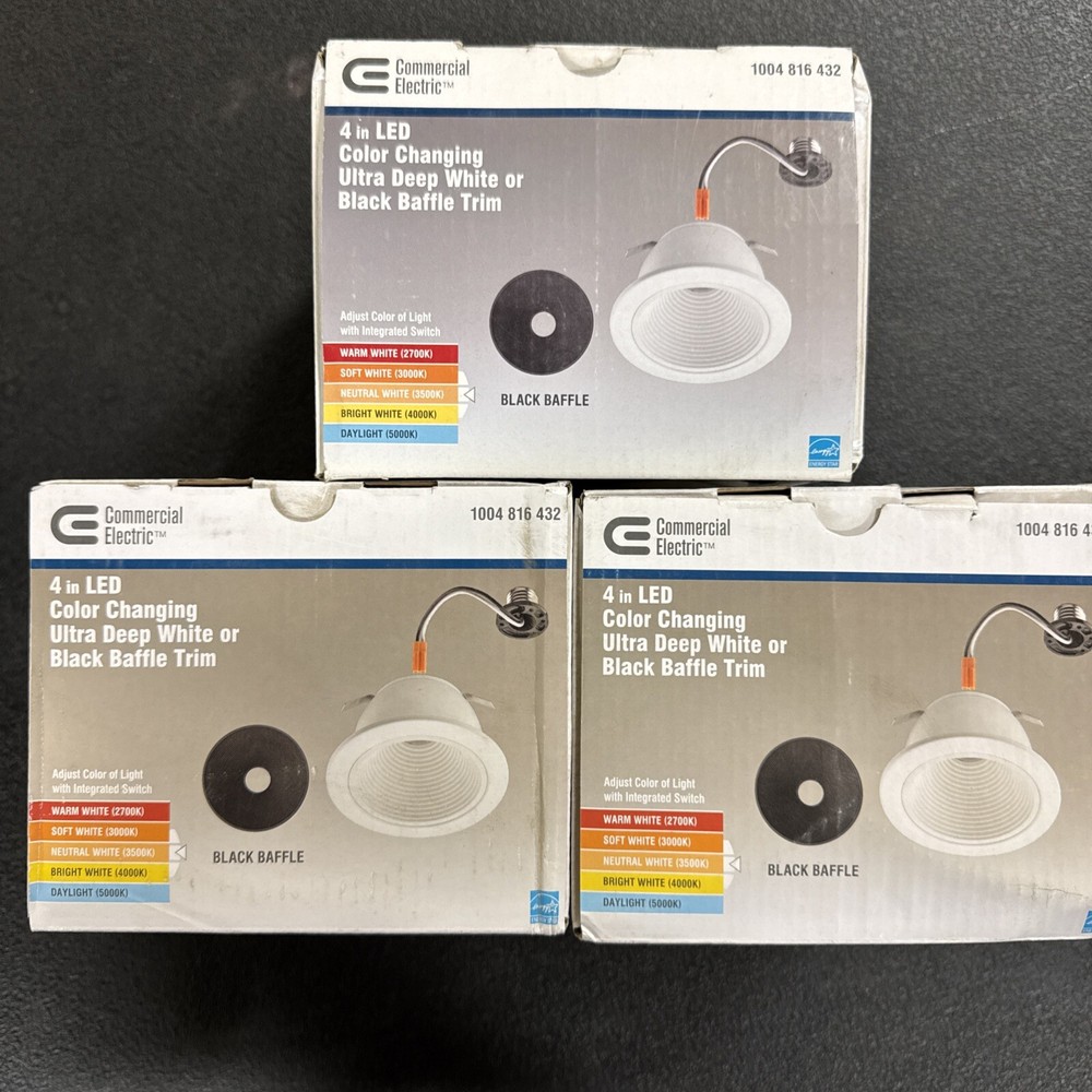 3-Pk) Commercial Electric 4 in LED color changing Baffle Trim Recessed Lights
