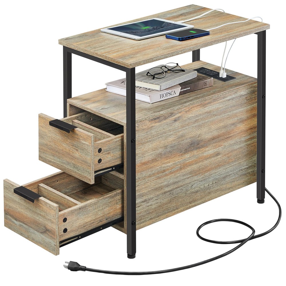 Side Table with Charging Station, Narrow End Table with 2 Drawers, Slim Night...