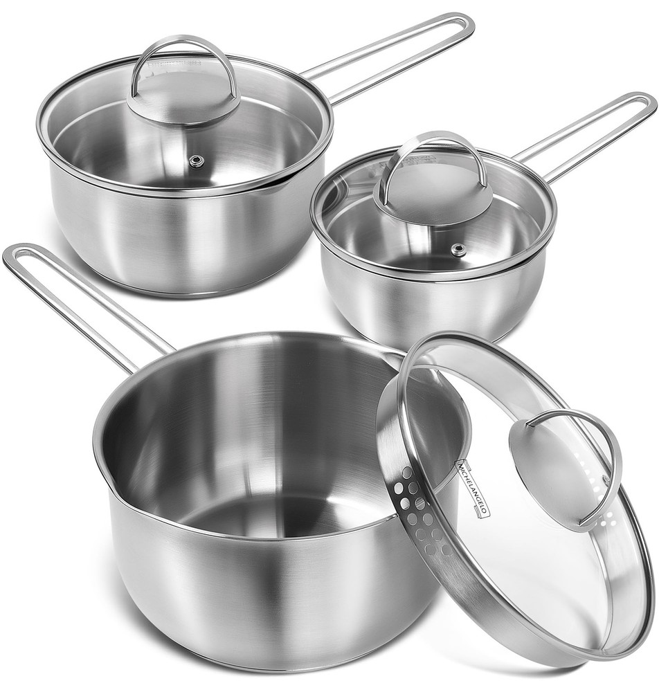 1QT 2QT 3QT Stainless Steel Saucepan with Lid & Pour Spout Tri-Ply Bottom