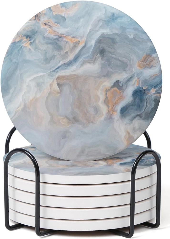 Set of 6 Abstract Blue Marble Coasters with Holder,