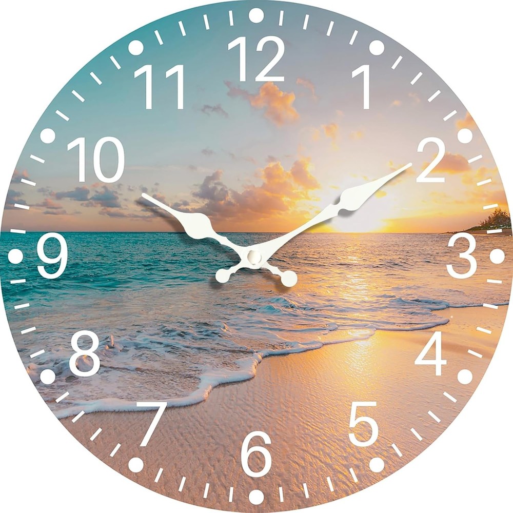 Sea Beach Blue Sky Sand 8 Inch Wooden Wall Clock - Silent Non-Ticking Battery
