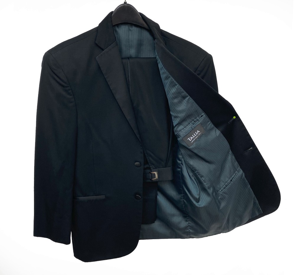 Men's Tallia Black Tuxedo with Pants Two Button Satin Notch Lapels Size 48S 42W