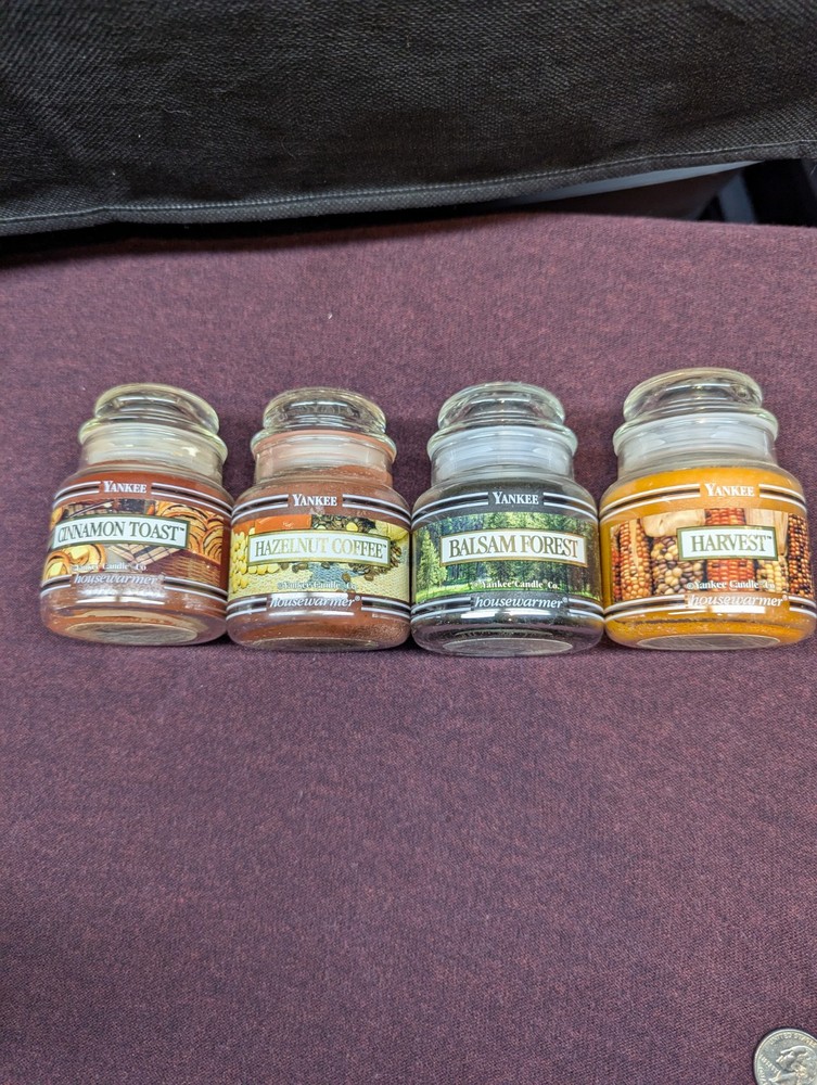 Set of 4 Yankee Candles: Black Band Cinnamon Toast, Hazelnut & Balsam Harvest