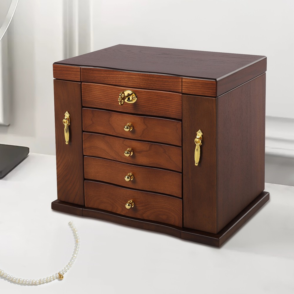 Wooden 5-Layer Large 4 Drawers Jewelry Box For Wowen with Mirror Organizer Box