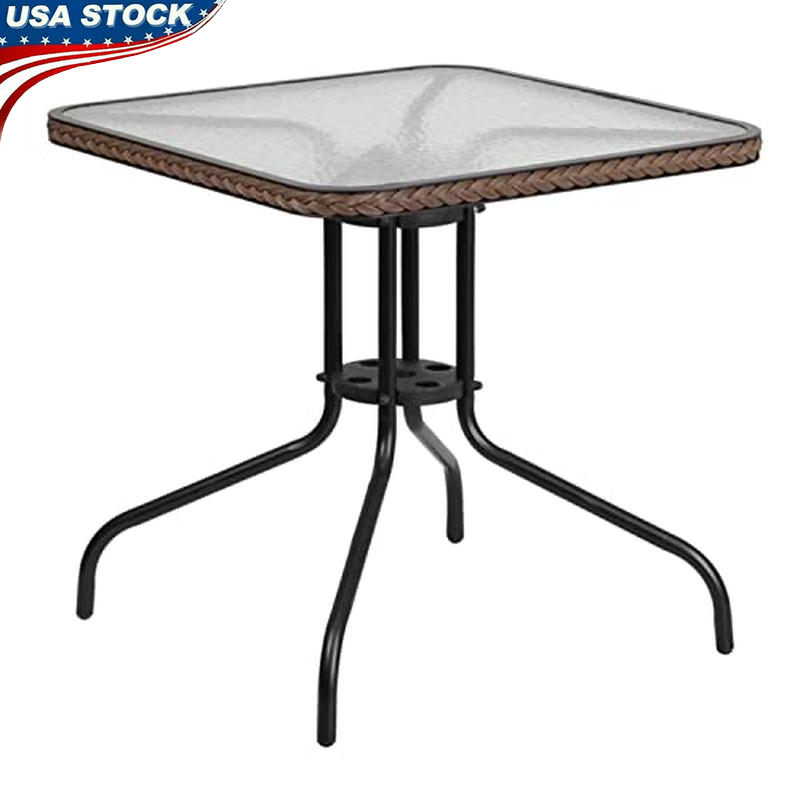 28 in Square Tempered Glass Metal Table W/ Dark Brown Rattan Edging & Foot Pad