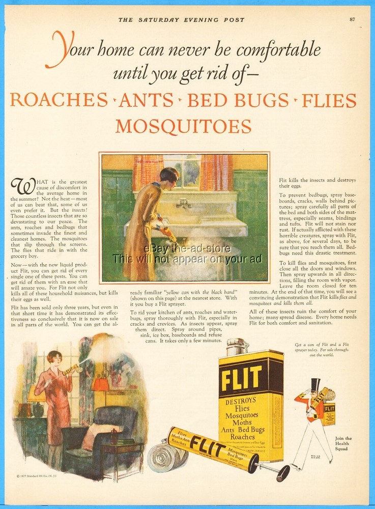 1927 FLIT Insecticide Roaches Ants Bed Bugs Fly Spray 1920's Ephemera Art Ad